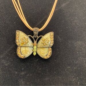 Butterfly Pendant Necklace in Yellow, Peach, and Gold Tones